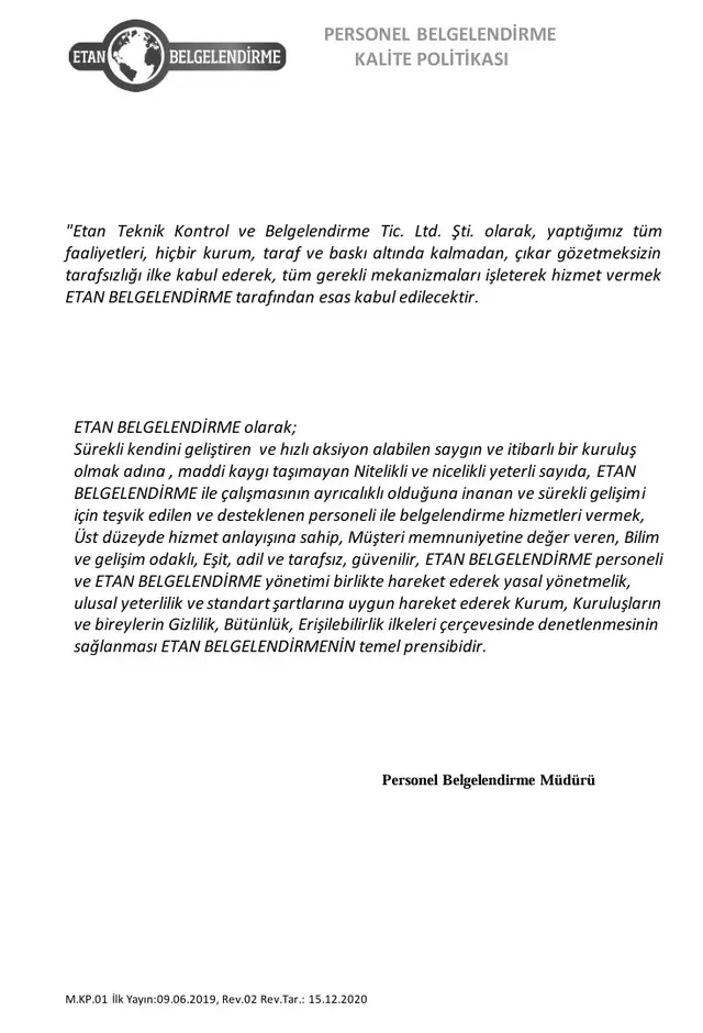 Personel Belgelendirme Kalite Politikası - Sayfa 1